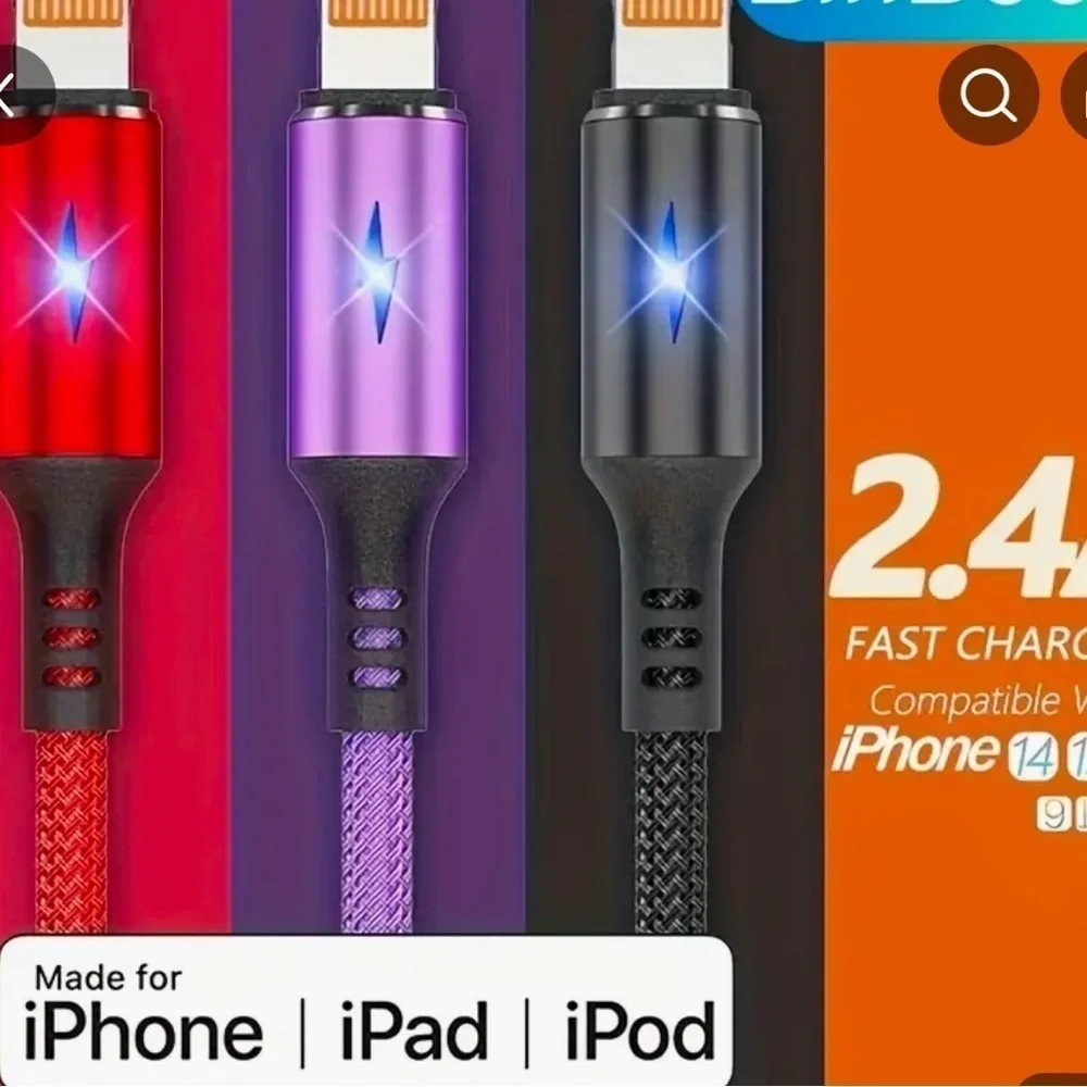 Purple LED Fast Charging USB to Lightning Charging Cable for iPhone/iPad 10ft